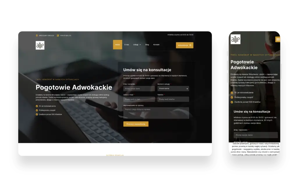 Nowoczesna strona internetowa Pogotowia Adwokackiego z szybkim dostępem do pomocy prawnej i kontaktu