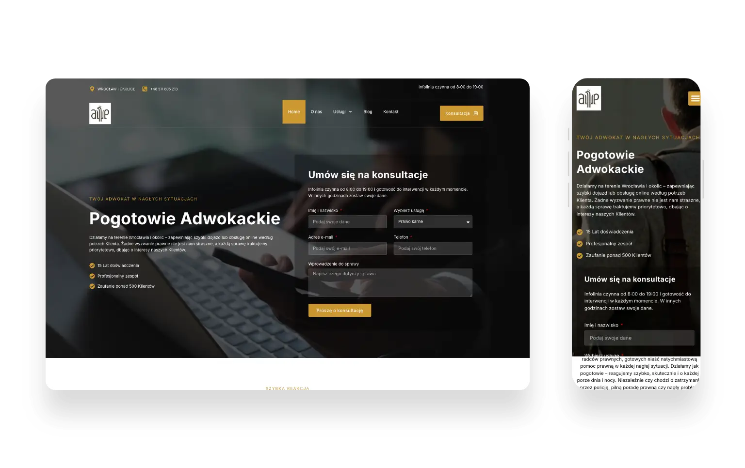 Nowoczesna strona internetowa Pogotowia Adwokackiego z szybkim dostępem do pomocy prawnej i kontaktu
