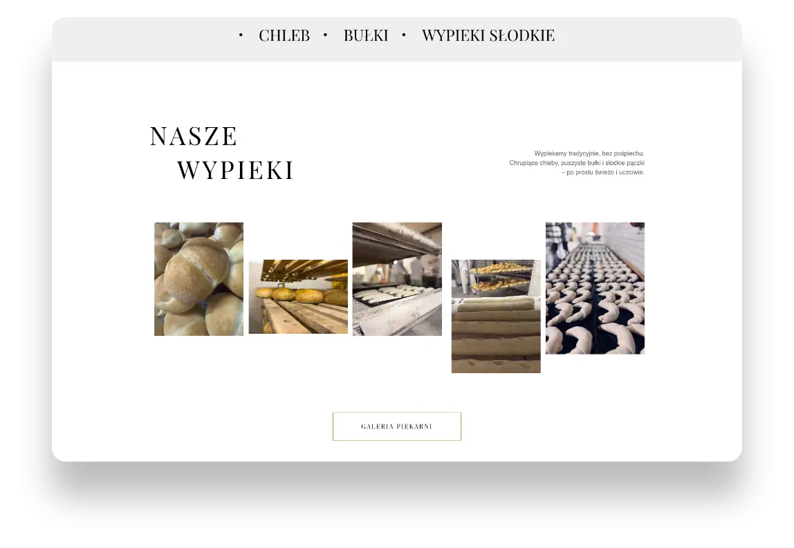 Strona internetowa Piekarni Wiaderek z naturalnym designem podkreślającym tradycję i rzemieślniczy charakter