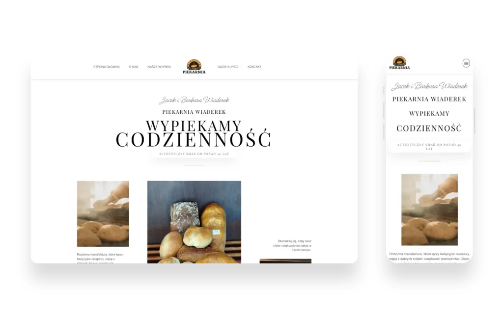Strona internetowa Piekarni Wiaderek z naturalnym designem podkreślającym tradycję i rzemieślniczy charakter