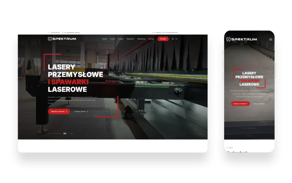 Nowoczesna strona internetowa Spektrum Laser prezentująca lasery przemysłowe i spawarki laserowe