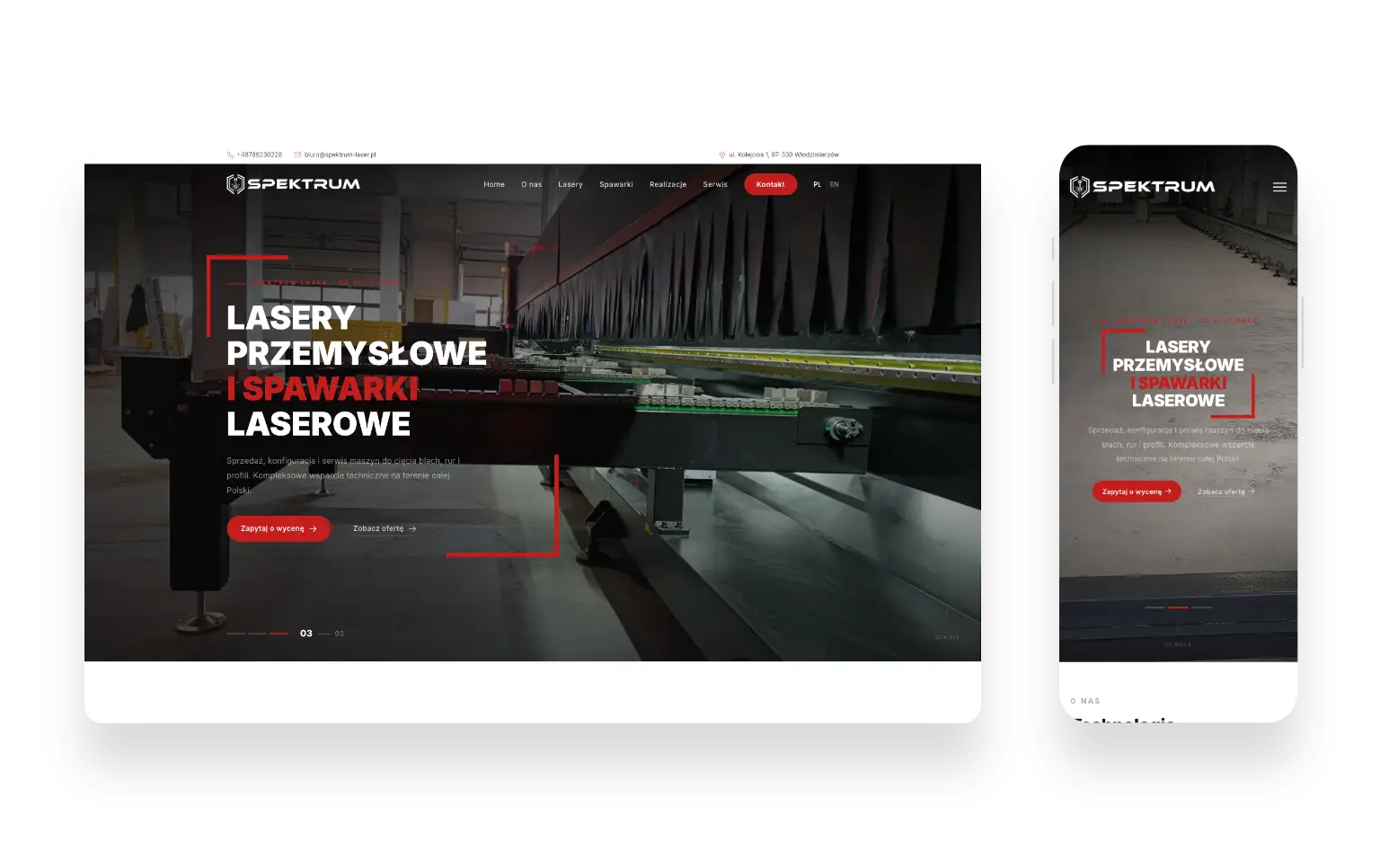 Nowoczesna strona internetowa Spektrum Laser prezentująca lasery przemysłowe i spawarki laserowe