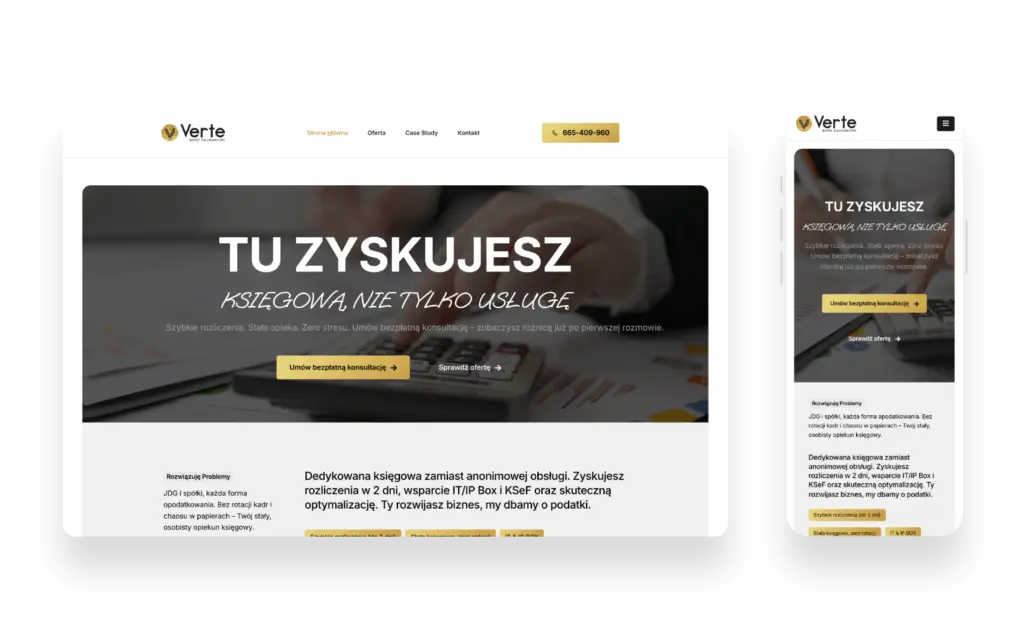 Nowoczesna strona internetowa Verte Biuro Rachunkowe z przejrzystym designem i indywidualnym podejściem do klienta