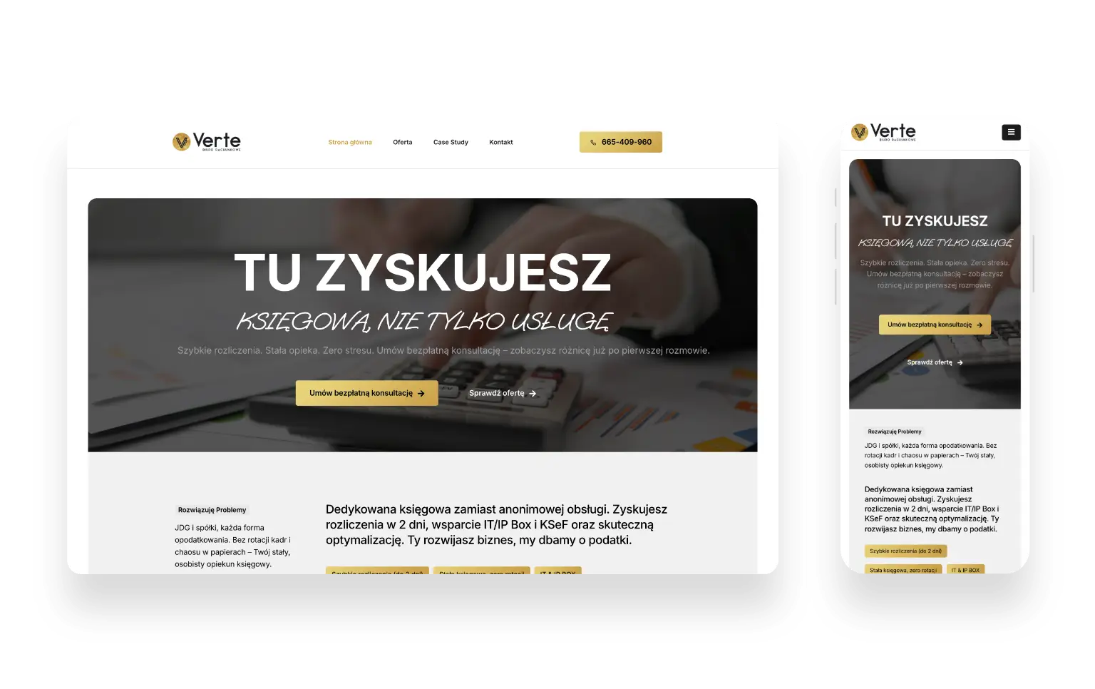 Nowoczesna strona internetowa Verte Biuro Rachunkowe z przejrzystym designem i indywidualnym podejściem do klienta