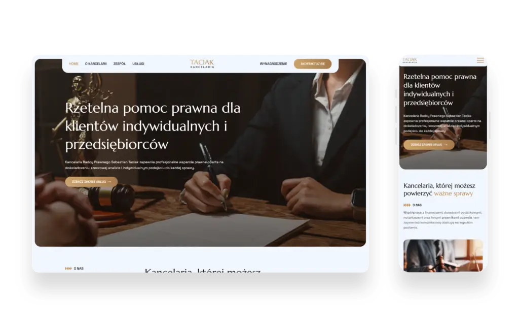 Profesjonalna strona internetowa kancelarii prawnej Taciak z przejrzystą strukturą i eleganckim designem