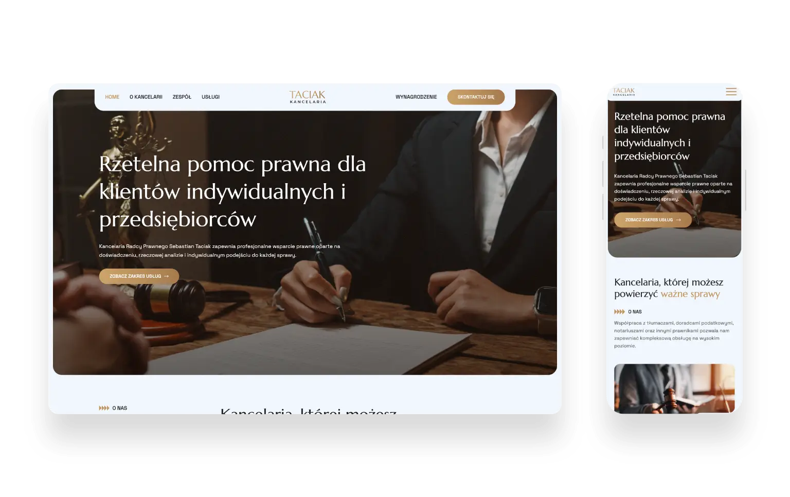 Profesjonalna strona internetowa kancelarii prawnej Taciak z przejrzystą strukturą i eleganckim designem