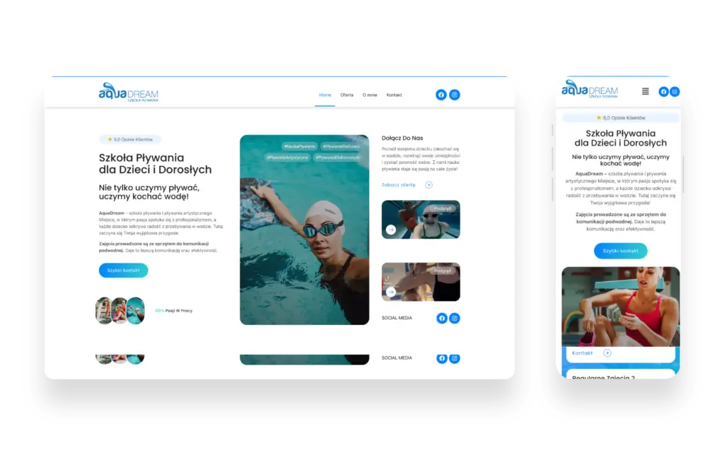 Nowoczesna strona internetowa AquaDream szkoły pływania z przyjaznym designem i czytelną nawigacją
