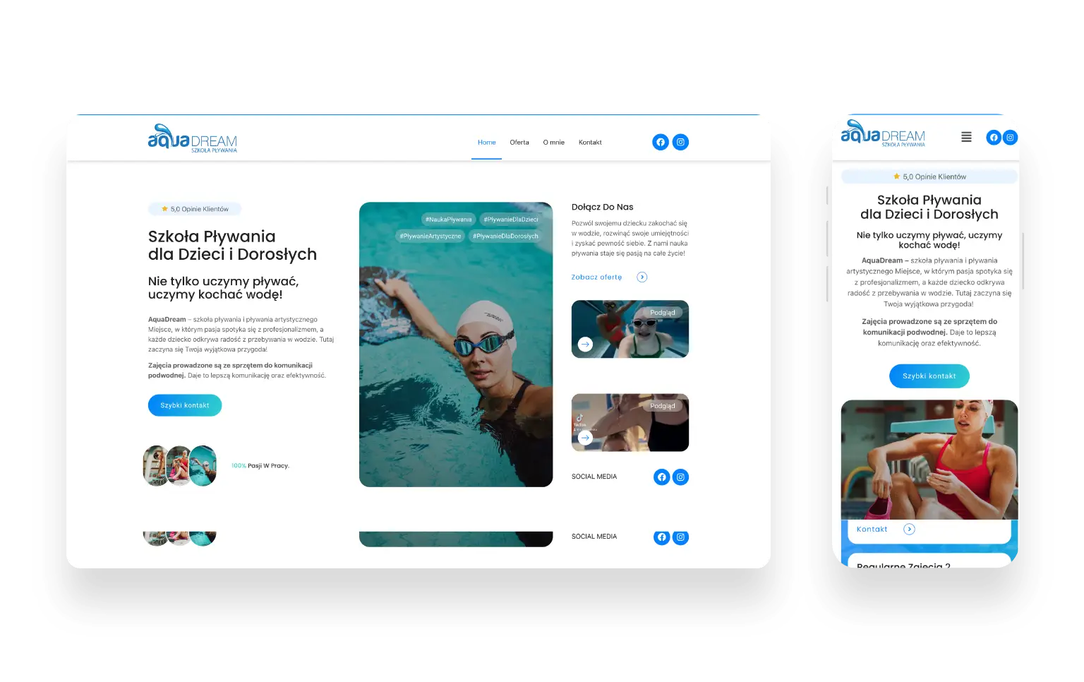 Nowoczesna strona internetowa AquaDream szkoły pływania z przyjaznym designem i czytelną nawigacją