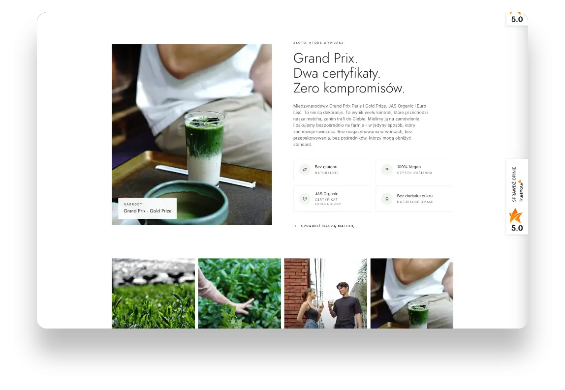 Nowoczesny sklep internetowy Matcha Cha z japońskim designem i premium estetyką