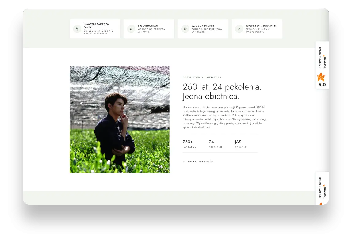 Nowoczesny sklep internetowy Matcha Cha z japońskim designem i premium estetyką na ekranie komputera