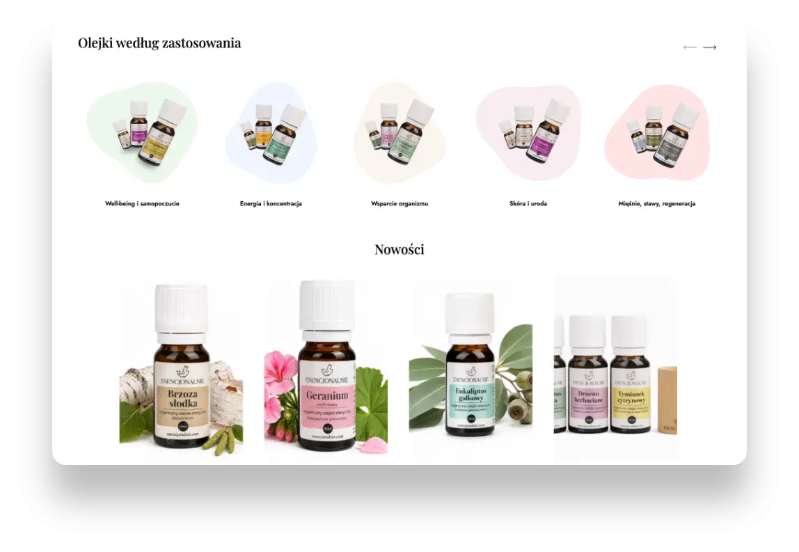 Nowoczesny sklep internetowy Esencjonalnie z naturalnymi olejkami eterycznymi i akcesoriami do aromaterapii