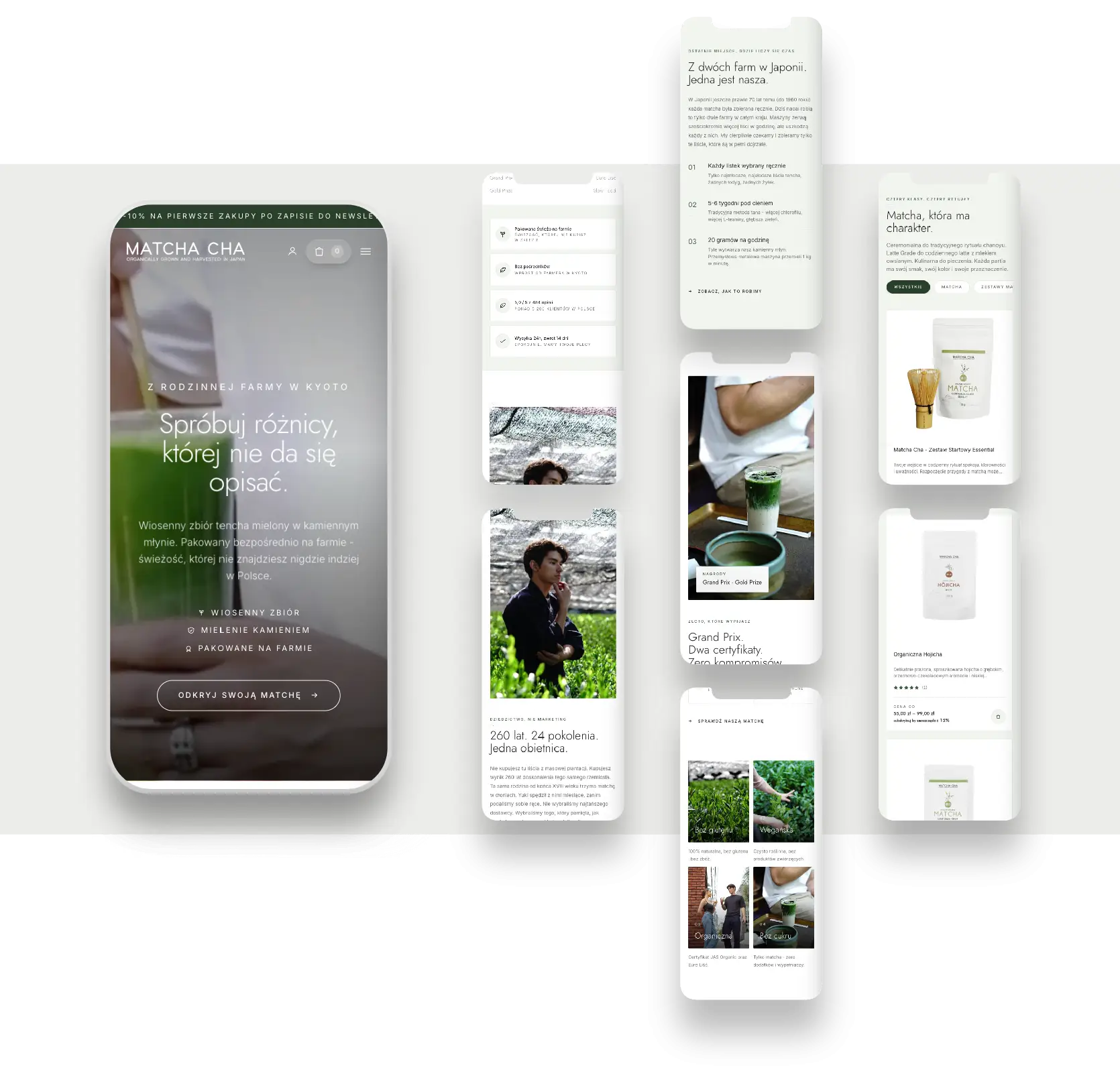 Nowoczesny sklep internetowy Matcha Cha z japońskim designem i premium estetyką