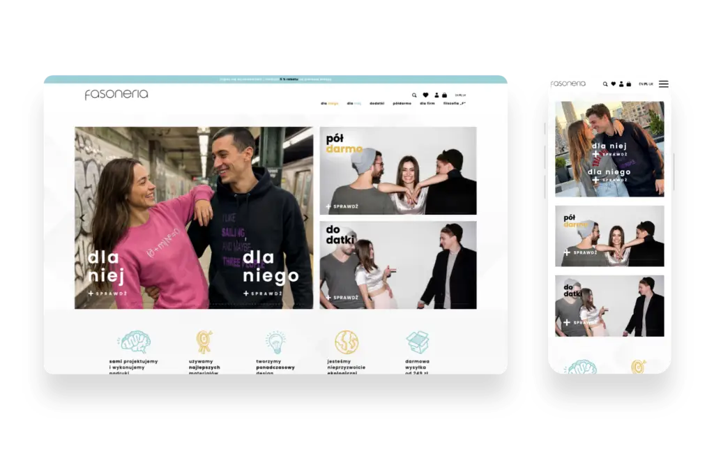 Nowoczesny sklep internetowy Fasoneria z minimalistycznym designem i ekologiczną modą