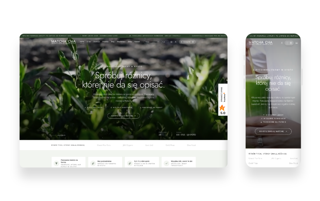 Nowoczesny sklep internetowy Matcha Cha z japońskim designem i funkcjonalnym doświadczeniem zakupowym
