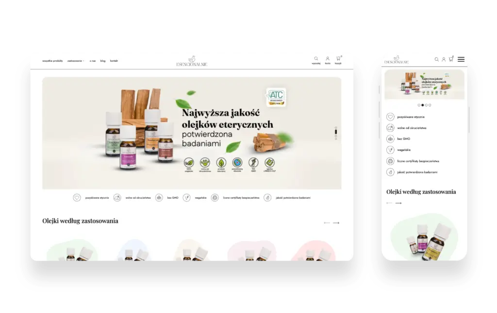 Nowoczesny sklep internetowy Esencjonalnie z naturalnymi olejkami eterycznymi i akcesoriami do aromaterapii