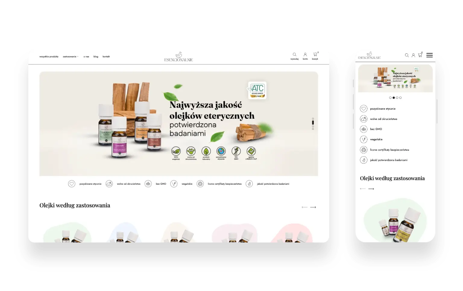 Nowoczesny sklep internetowy Esencjonalnie z naturalnymi olejkami eterycznymi i akcesoriami do aromaterapii