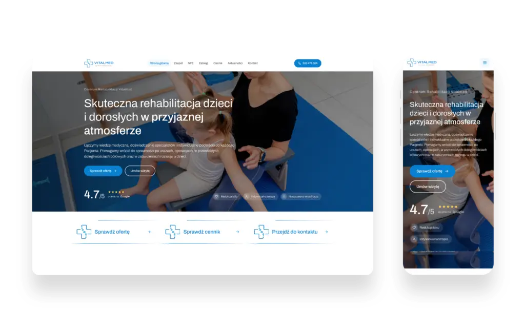 Nowoczesna strona internetowa Vitalmed prezentująca ofertę rehabilitacji dla dzieci i dorosłych