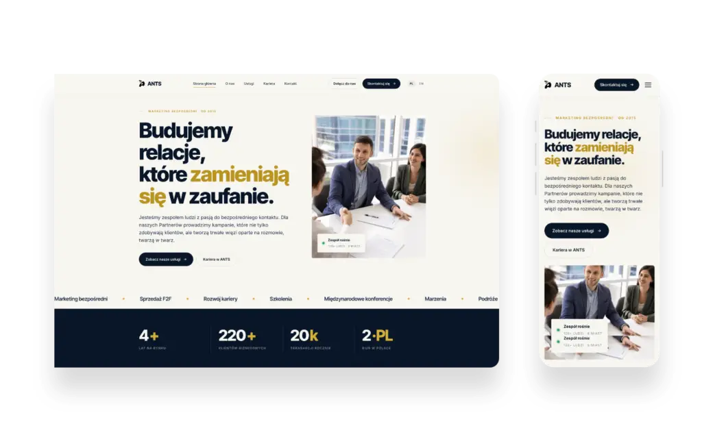 Nowoczesna strona internetowa dla firmy ANTS z ofertą marketingu bezpośredniego i ścieżką kariery