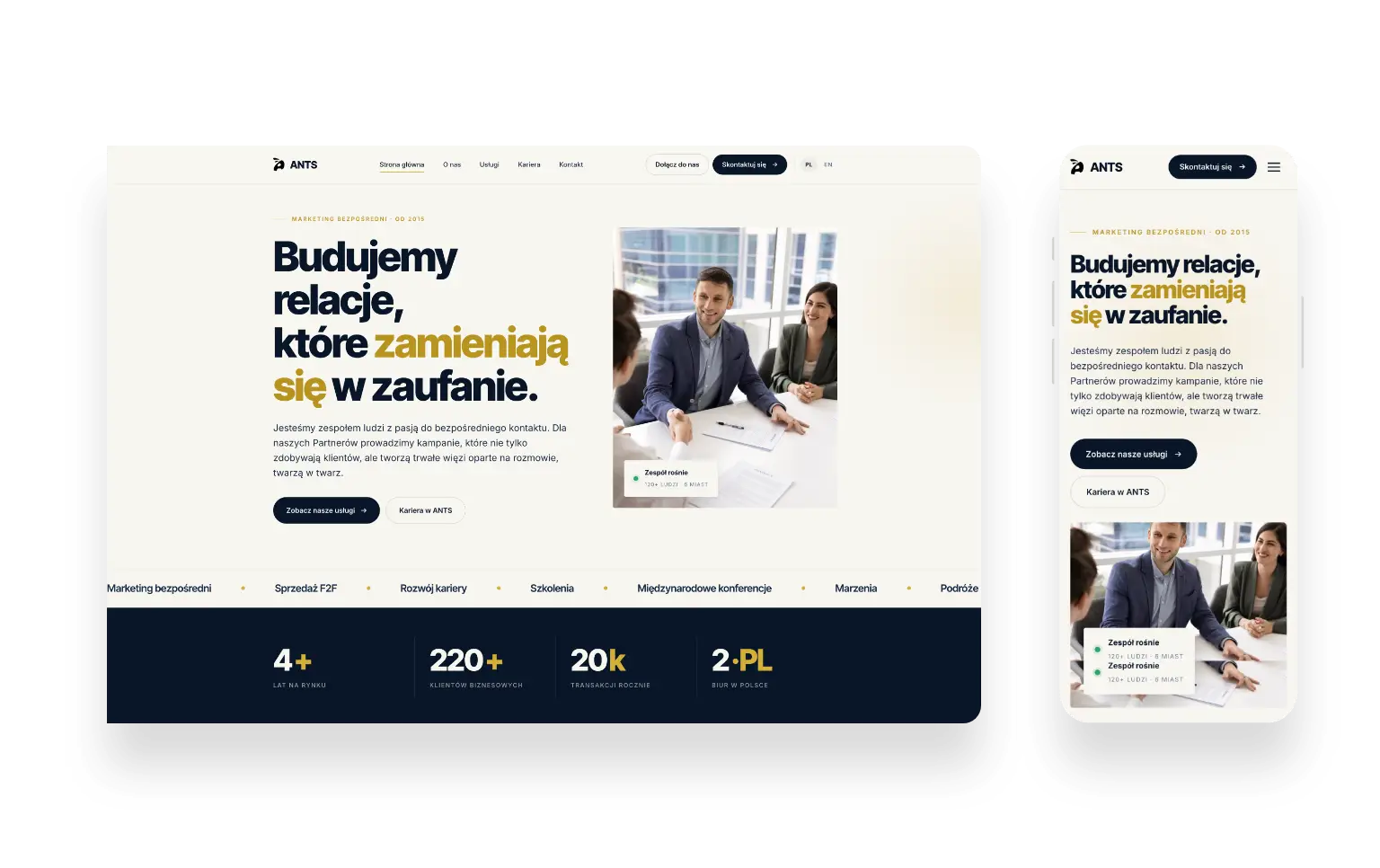 Nowoczesna strona internetowa dla firmy ANTS z ofertą marketingu bezpośredniego i ścieżką kariery