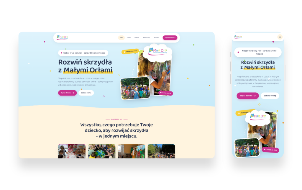 Strona internetowa Akademia Małe Orły – przyjazne przedszkole w Łodzi z ofertą i informacjami dla rodziców