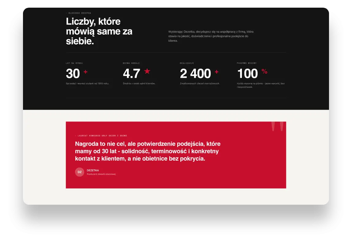 Nowoczesna strona internetowa firmy Dezetka z Aleksandrowa Łódzkiego prezentująca ofertę stolarki otworowej
