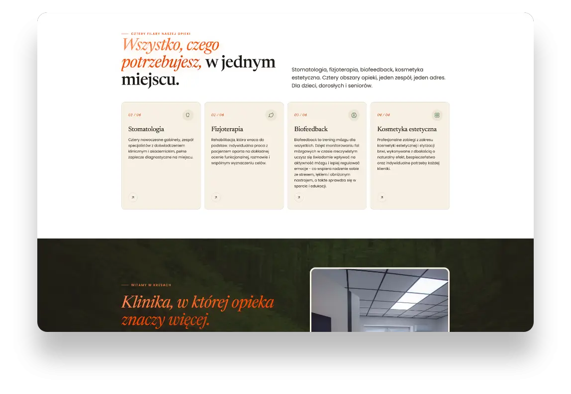 Nowoczesna strona internetowa Rodzinnego Centrum Medycznego Kresy z ofertą stomatologii, fizjoterapii, biofeedbacku i ko