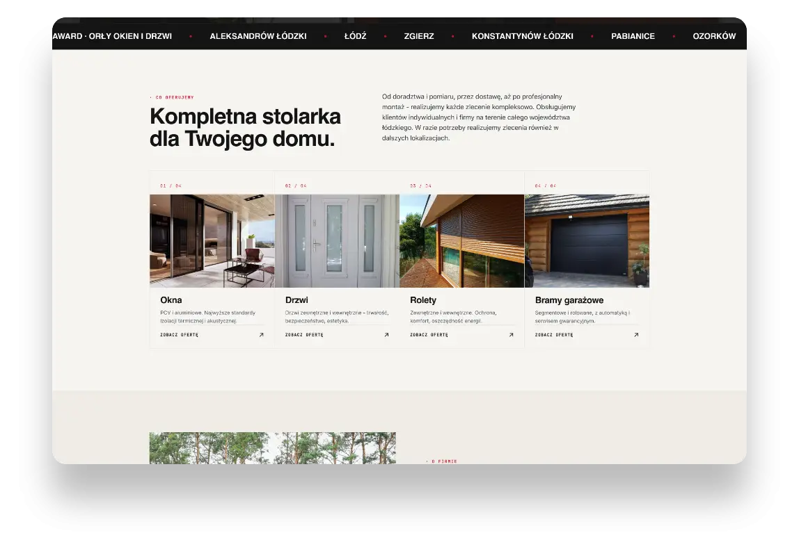 Nowoczesna strona internetowa firmy Dezetka z Aleksandrowa Łódzkiego prezentująca ofertę stolarki otworowej