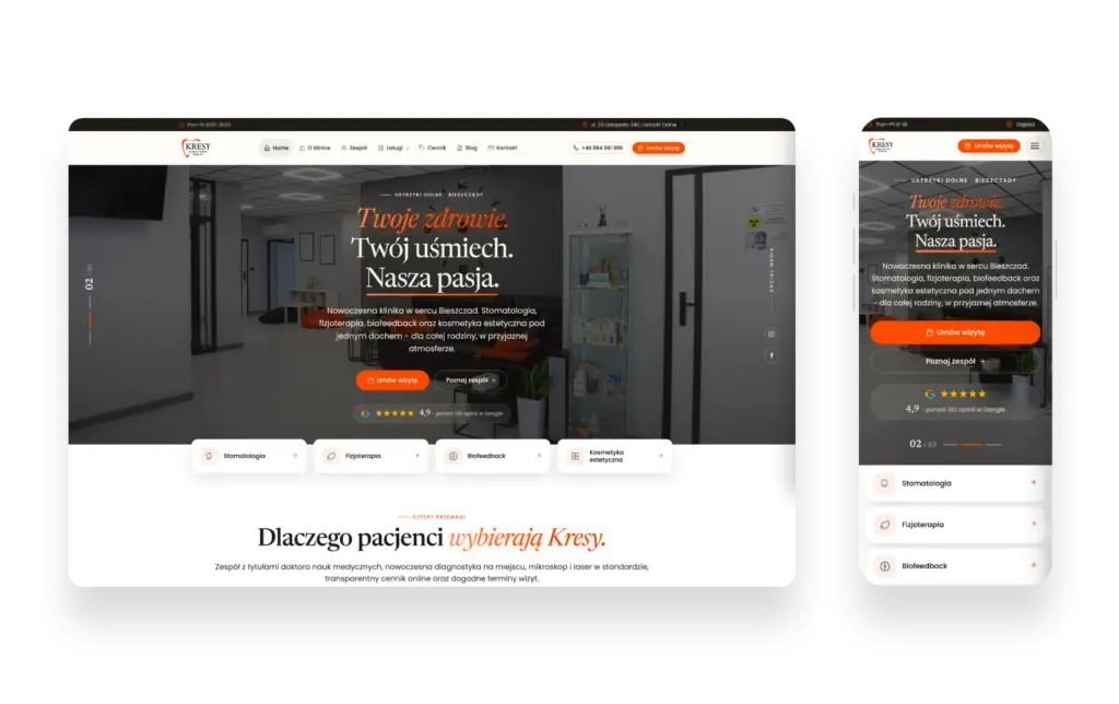 Nowoczesna strona internetowa Rodzinnego Centrum Medycznego Kresy z przejrzystą prezentacją usług medycznych