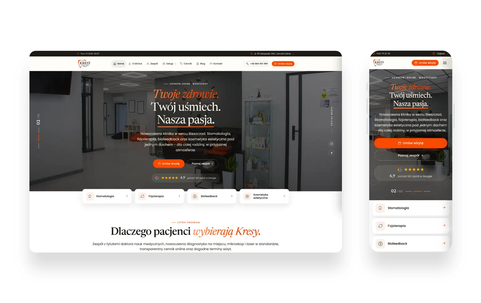 Nowoczesna strona internetowa Rodzinnego Centrum Medycznego Kresy z przejrzystą prezentacją usług medycznych