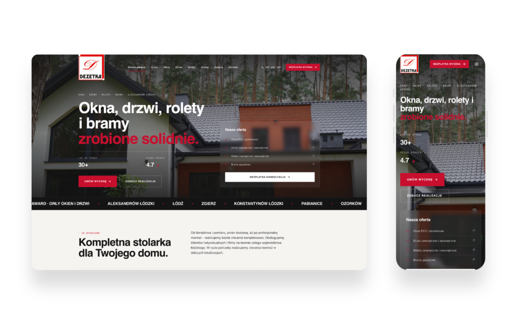 Nowoczesna strona internetowa firmy Dezetka z Aleksandrowa Łódzkiego oferującej okna, drzwi i rolety