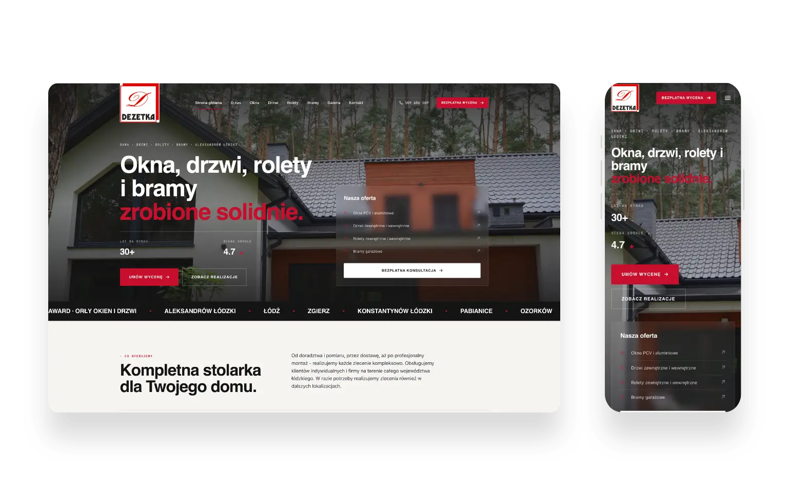Nowoczesna strona internetowa firmy Dezetka z Aleksandrowa Łódzkiego oferującej okna, drzwi i rolety
