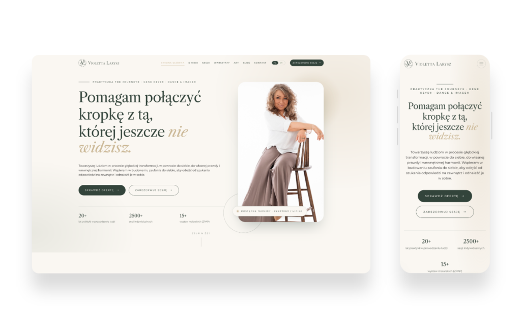 Subtelna i elegancka strona internetowa Violetty Larysz prezentująca sesje indywidualne, warsztaty i sztukę abstrakcyjną