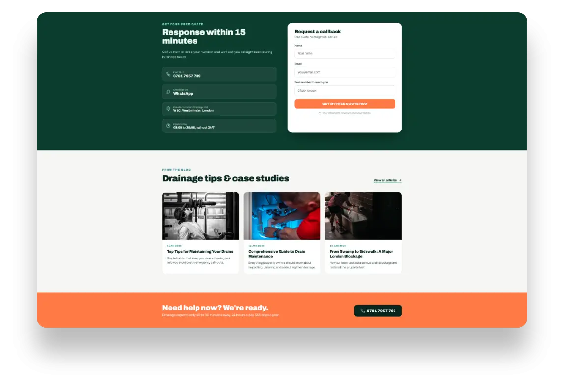 Strona internetowa Greater London Drainage dla rodzinnej firmy kanalizacyjnej z Londynu