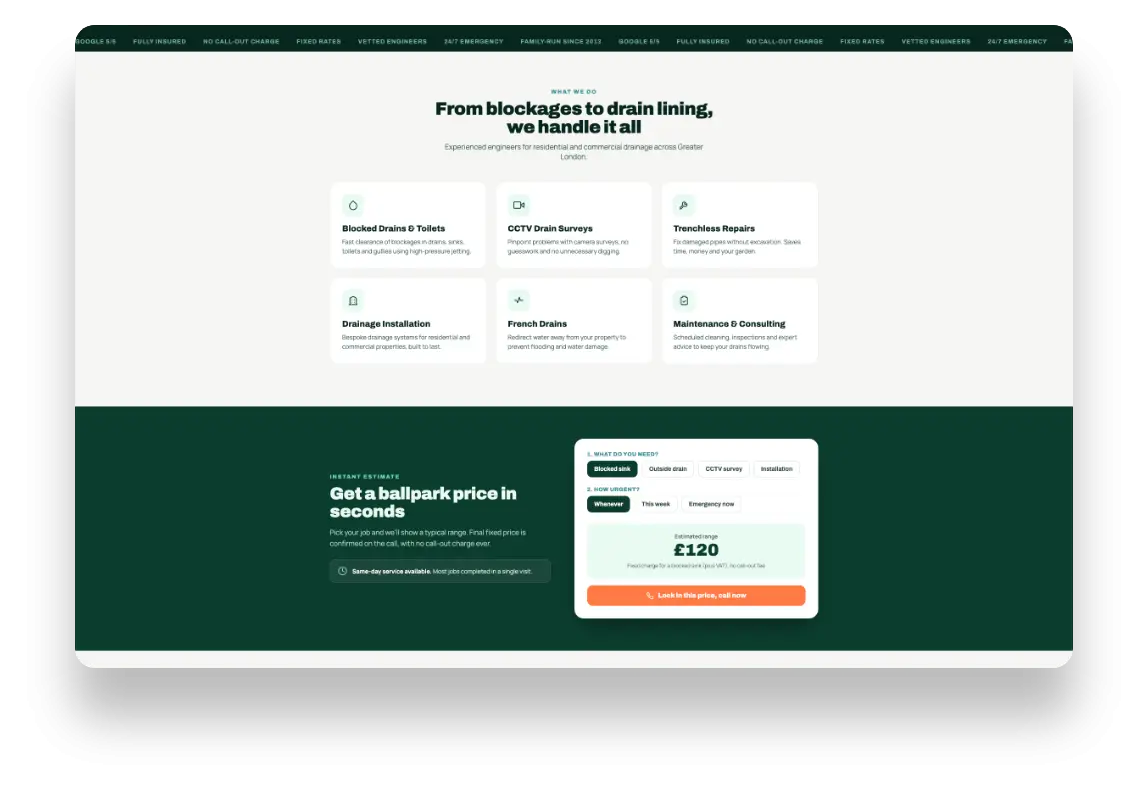 Strona internetowa Greater London Drainage dla firmy kanalizacyjnej oferującej usługi drenażowe w Londynie