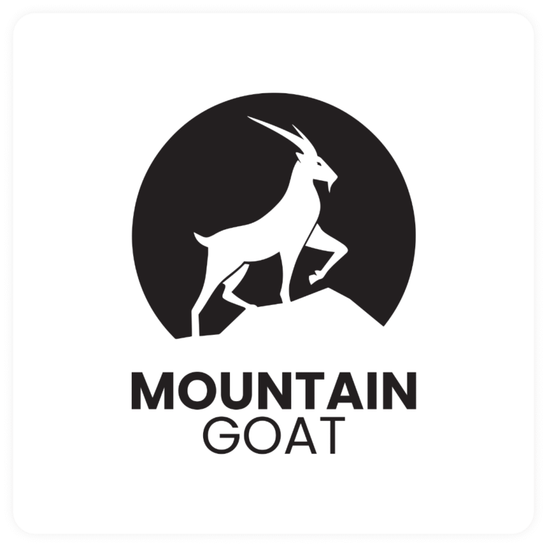 Logo Mountain Goat z sylwetką kozy górskiej na białym tle