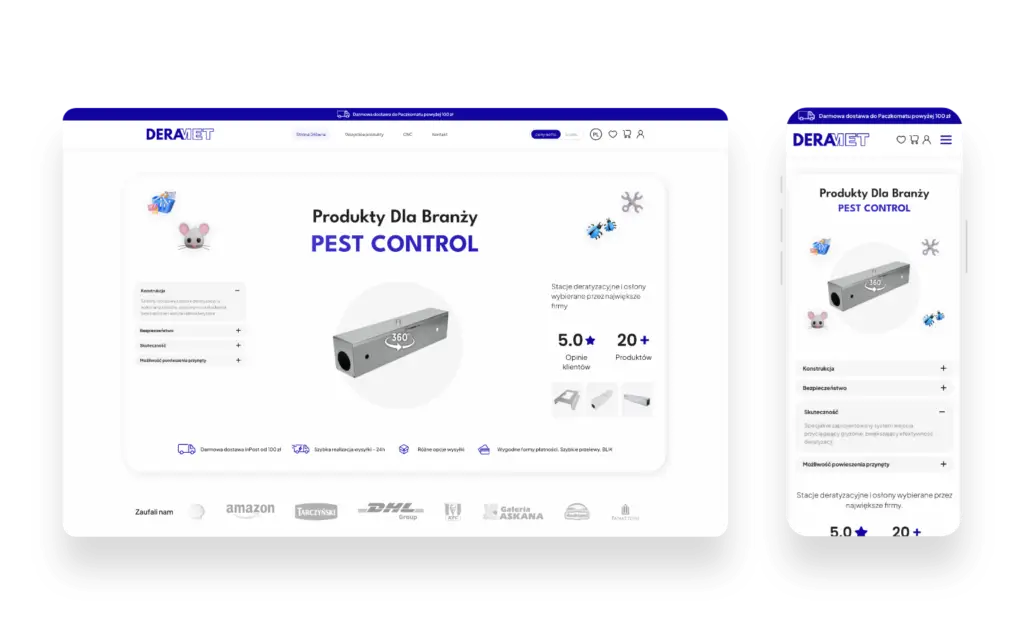 Nowoczesna strona internetowa Deramet prezentująca metalowe wyroby dla branży pest control