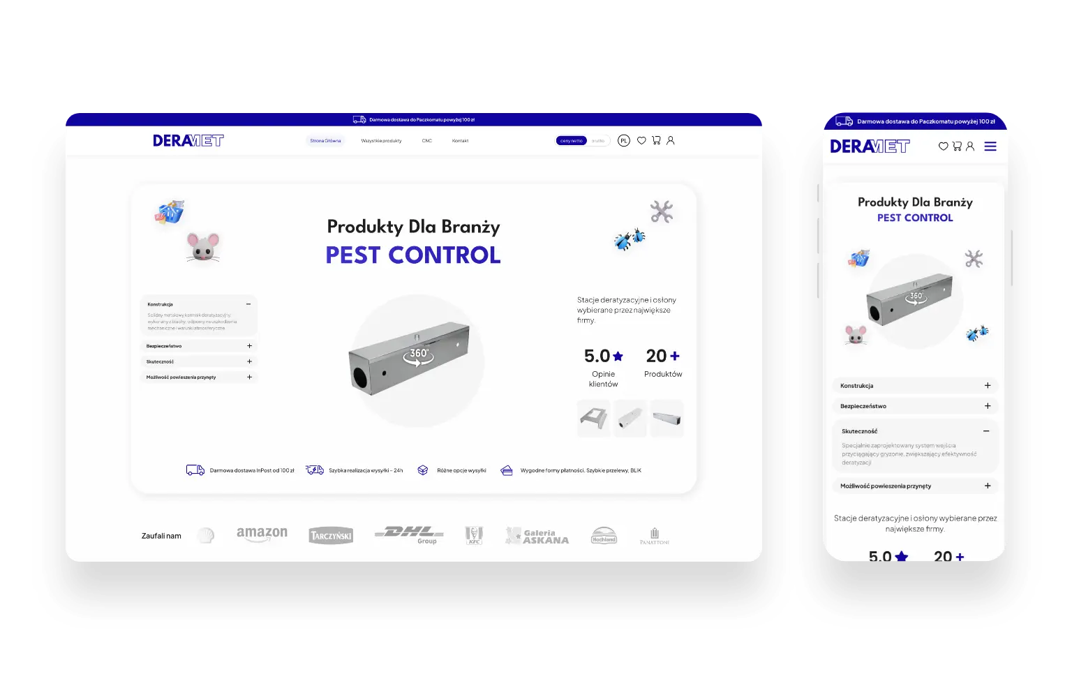 Nowoczesna strona internetowa Deramet prezentująca metalowe wyroby dla branży pest control