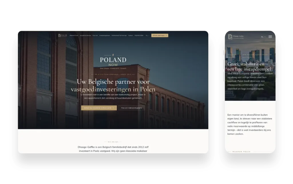 Strona internetowa D’hooge-Gaffke prezentująca inwestycje nieruchomości w Łodzi z profesjonalnym designem
