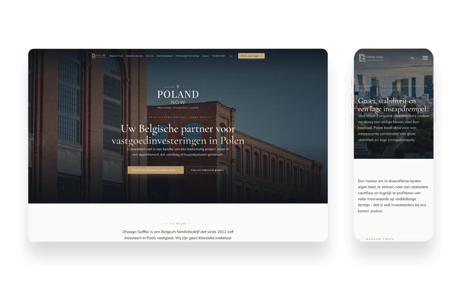 Strona internetowa D’hooge-Gaffke prezentująca inwestycje nieruchomości w Łodzi z profesjonalnym designem