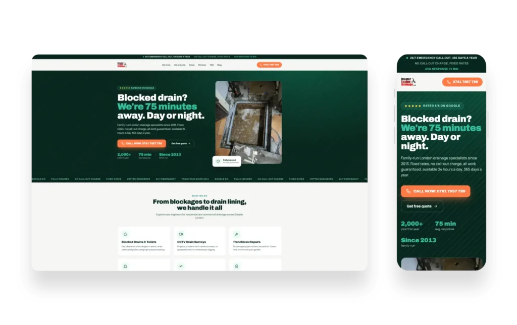 Strona internetowa Greater London Drainage dla firmy kanalizacyjnej oferującej usługi drenażowe w Londynie