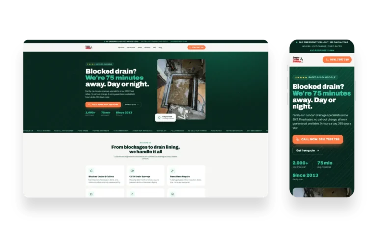 Strona internetowa Greater London Drainage dla firmy kanalizacyjnej oferującej usługi drenażowe w Londynie